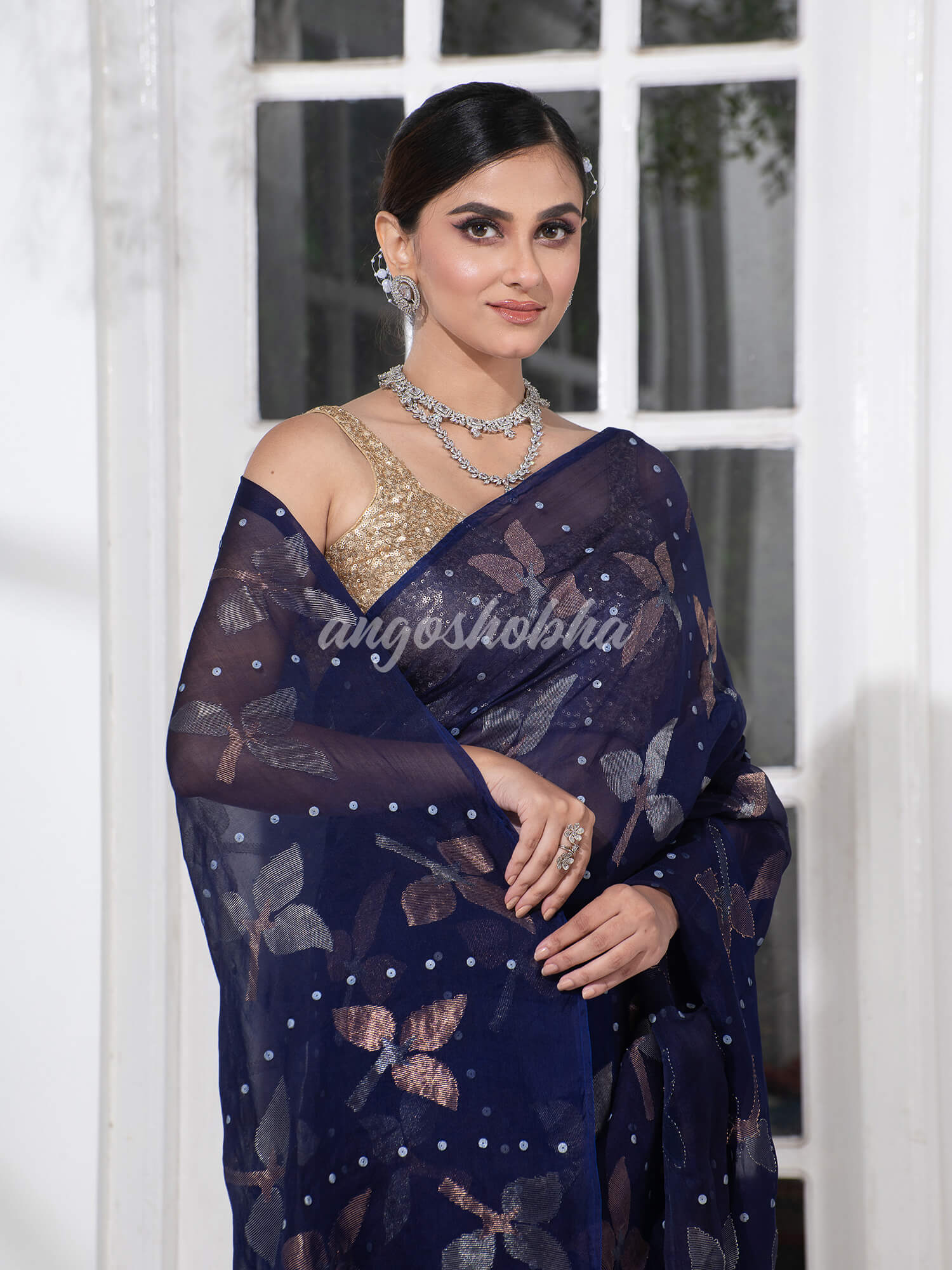 Traditional Navy Blue Matka Silk Sequin Soft Jamdani Saree