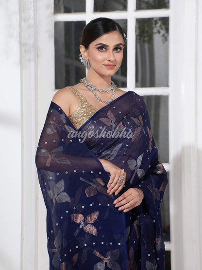 Traditional Navy Blue Matka Silk Sequin Soft Jamdani Saree
