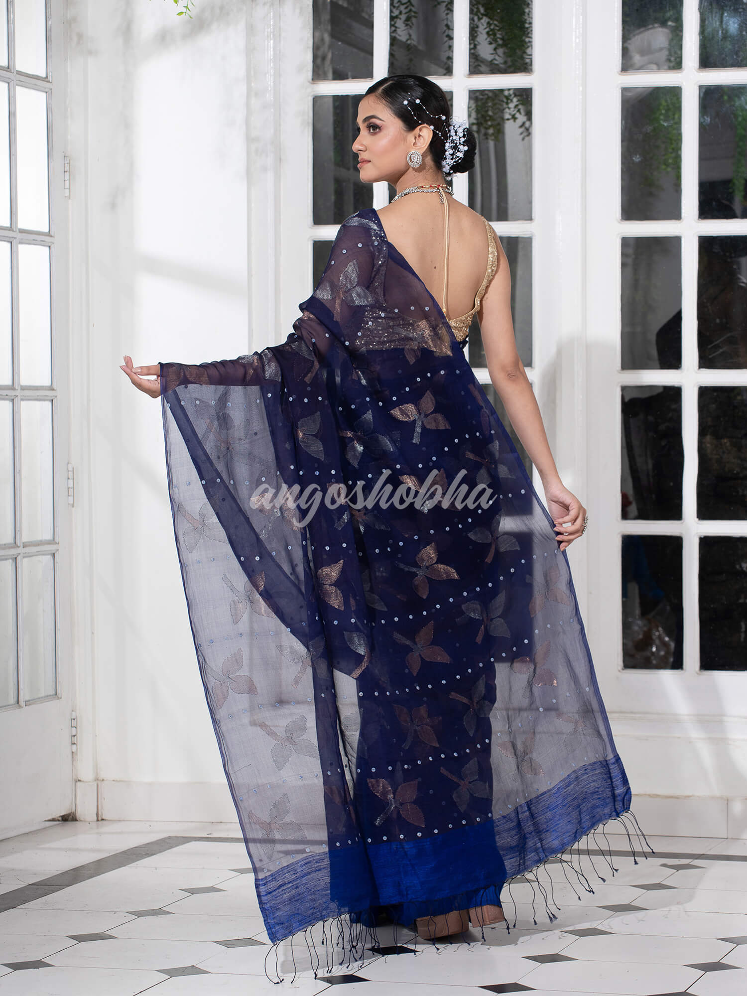 Traditional Navy Blue Matka Silk Sequin Soft Jamdani Saree