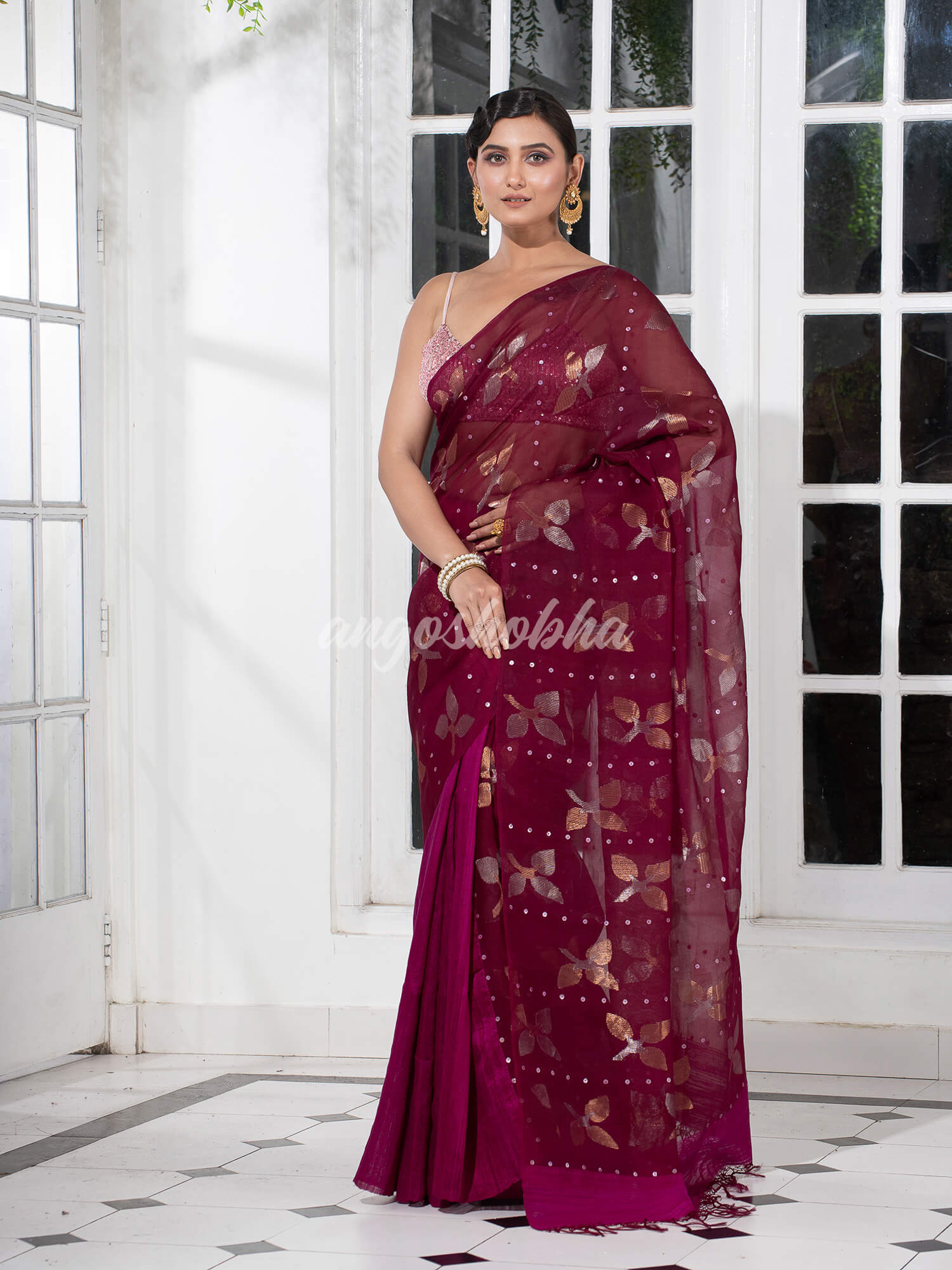 Traditional Magenta Matka Silk Sequin Soft Jamdani Saree