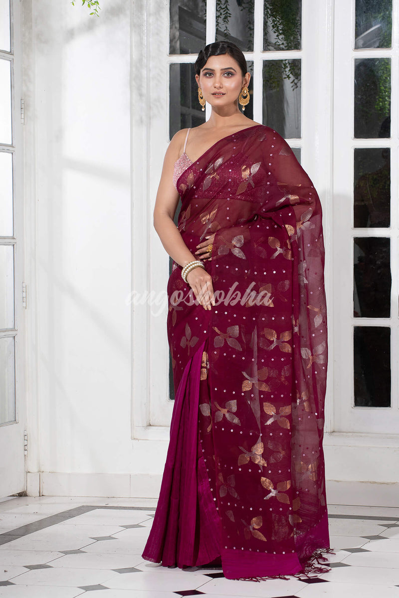 Traditional Magenta Matka Silk Sequin Soft Jamdani Saree