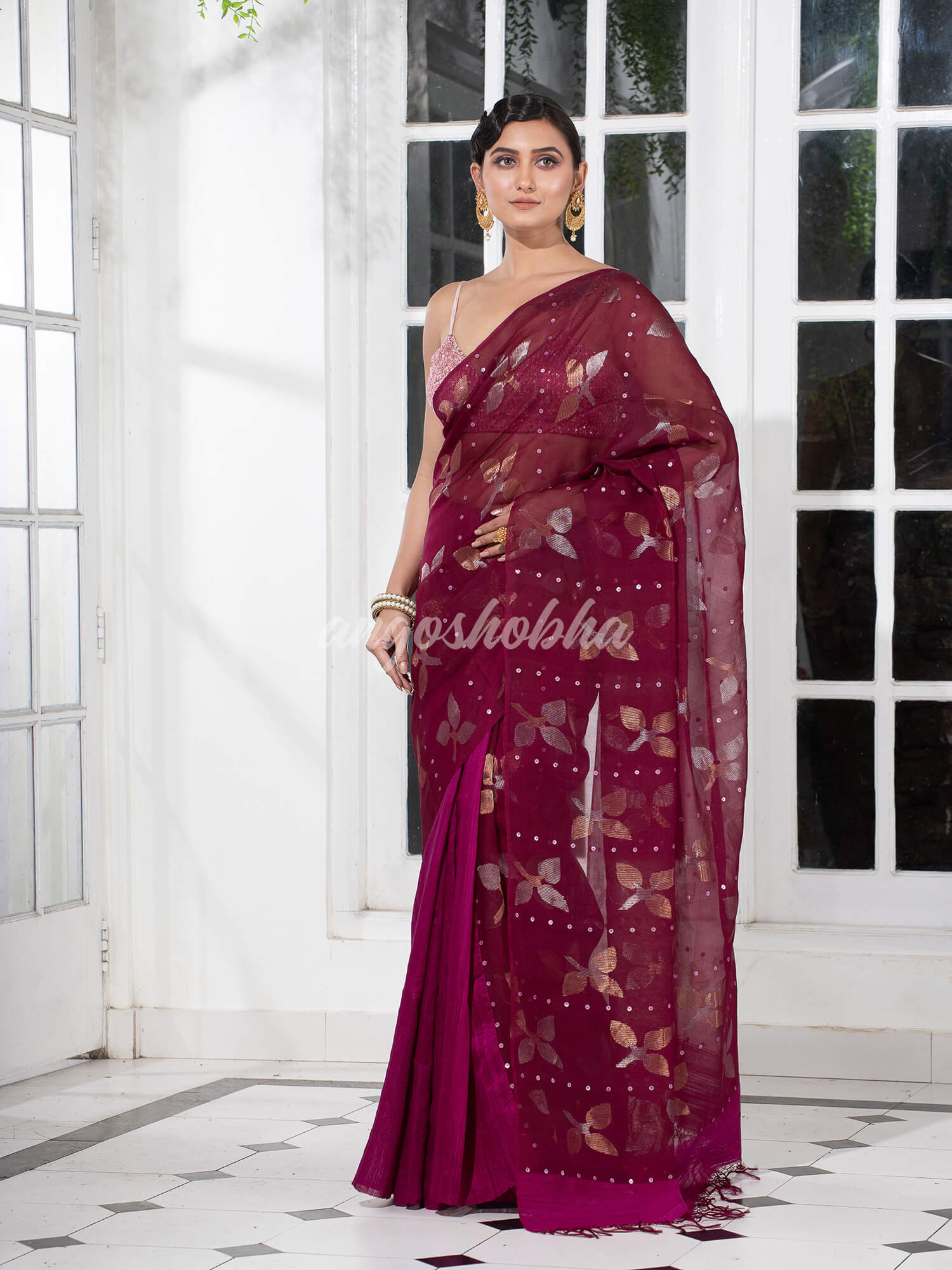 Traditional Magenta Matka Silk Sequin Soft Jamdani Saree