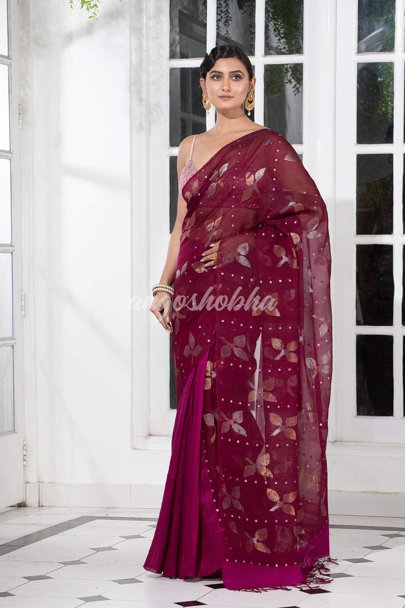 Traditional Magenta Matka Silk Sequin Soft Jamdani Saree