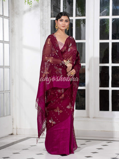Traditional Magenta Matka Silk Sequin Soft Jamdani Saree
