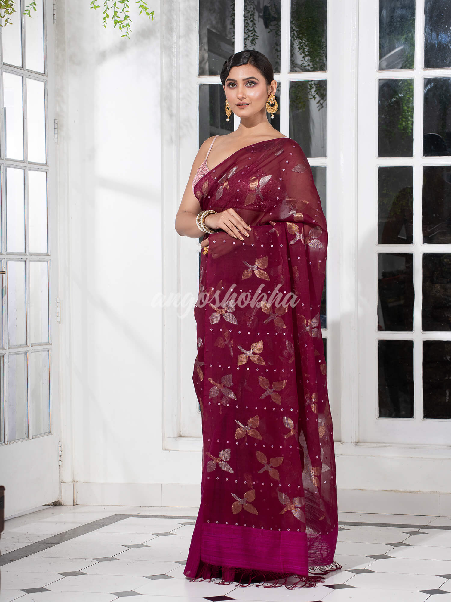 Traditional Magenta Matka Silk Sequin Soft Jamdani Saree