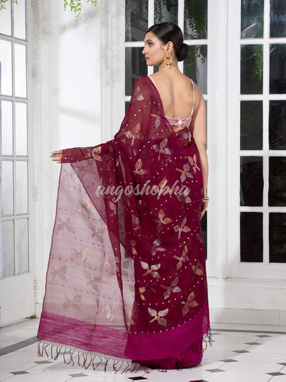 Traditional Magenta Matka Silk Sequin Soft Jamdani Saree