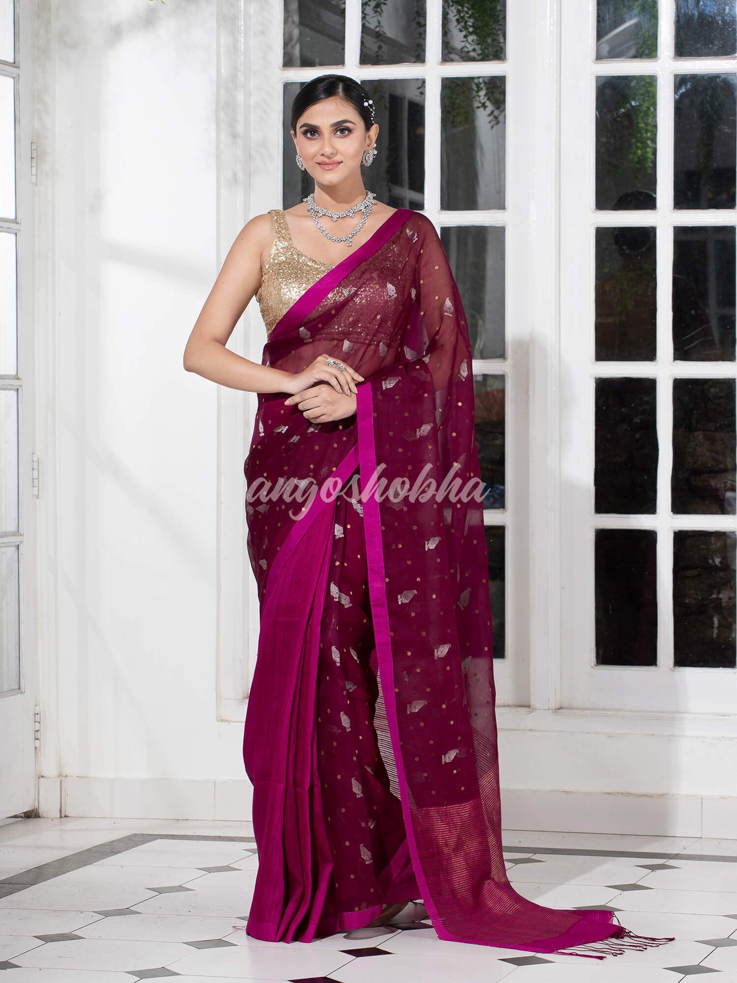 Amaranth Magenta Half Half Matka Silk Handwoven Saree