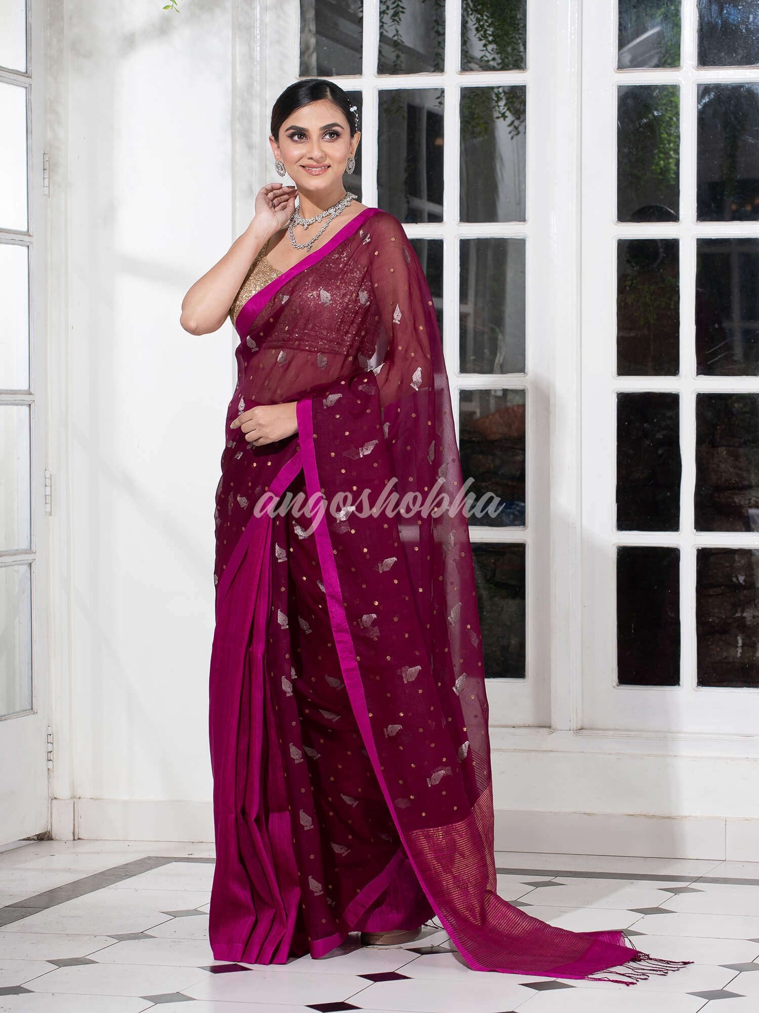 Amaranth Magenta Half Half Matka Silk Handwoven Saree