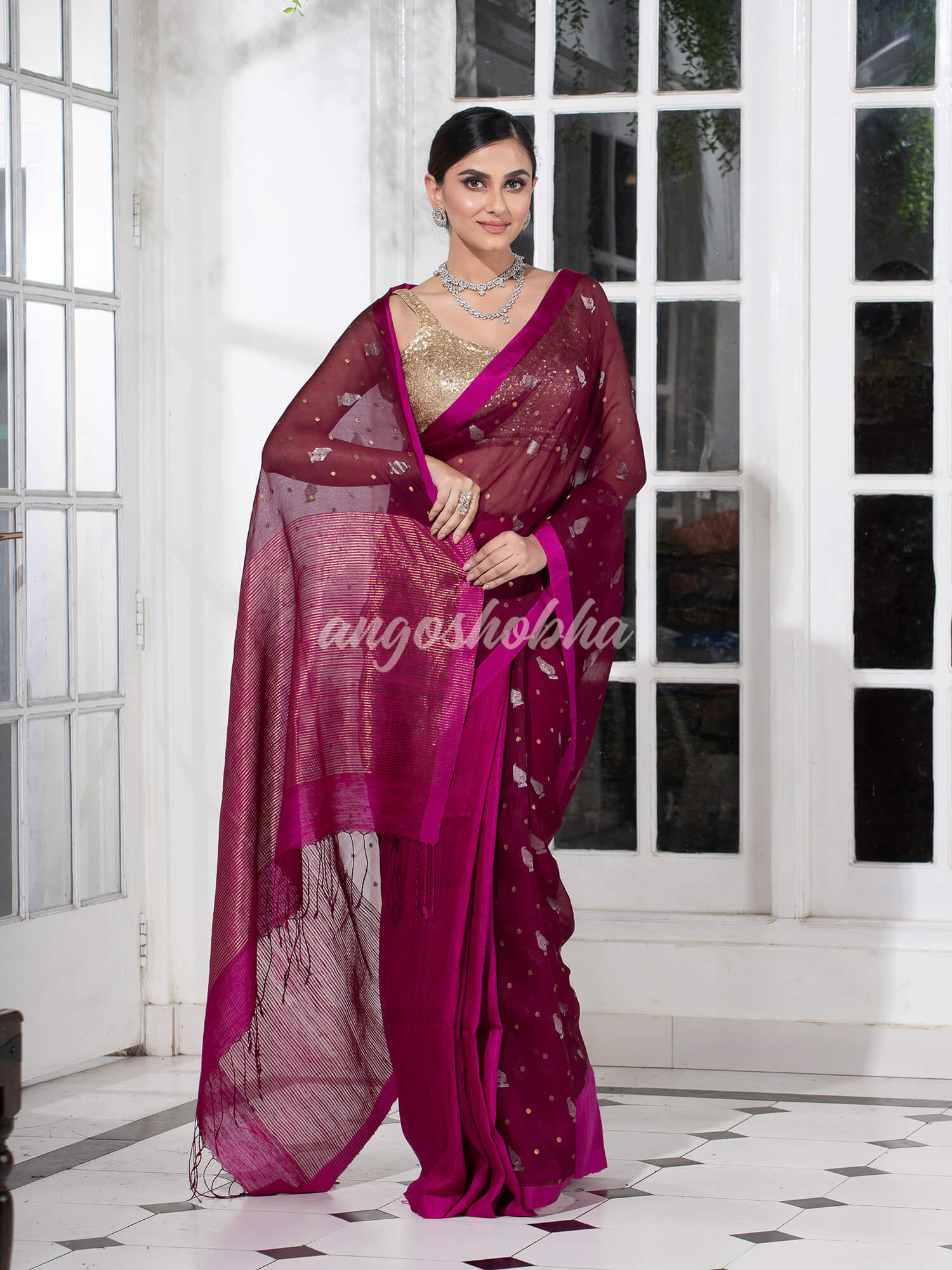 Amaranth Magenta Half Half Matka Silk Handwoven Saree