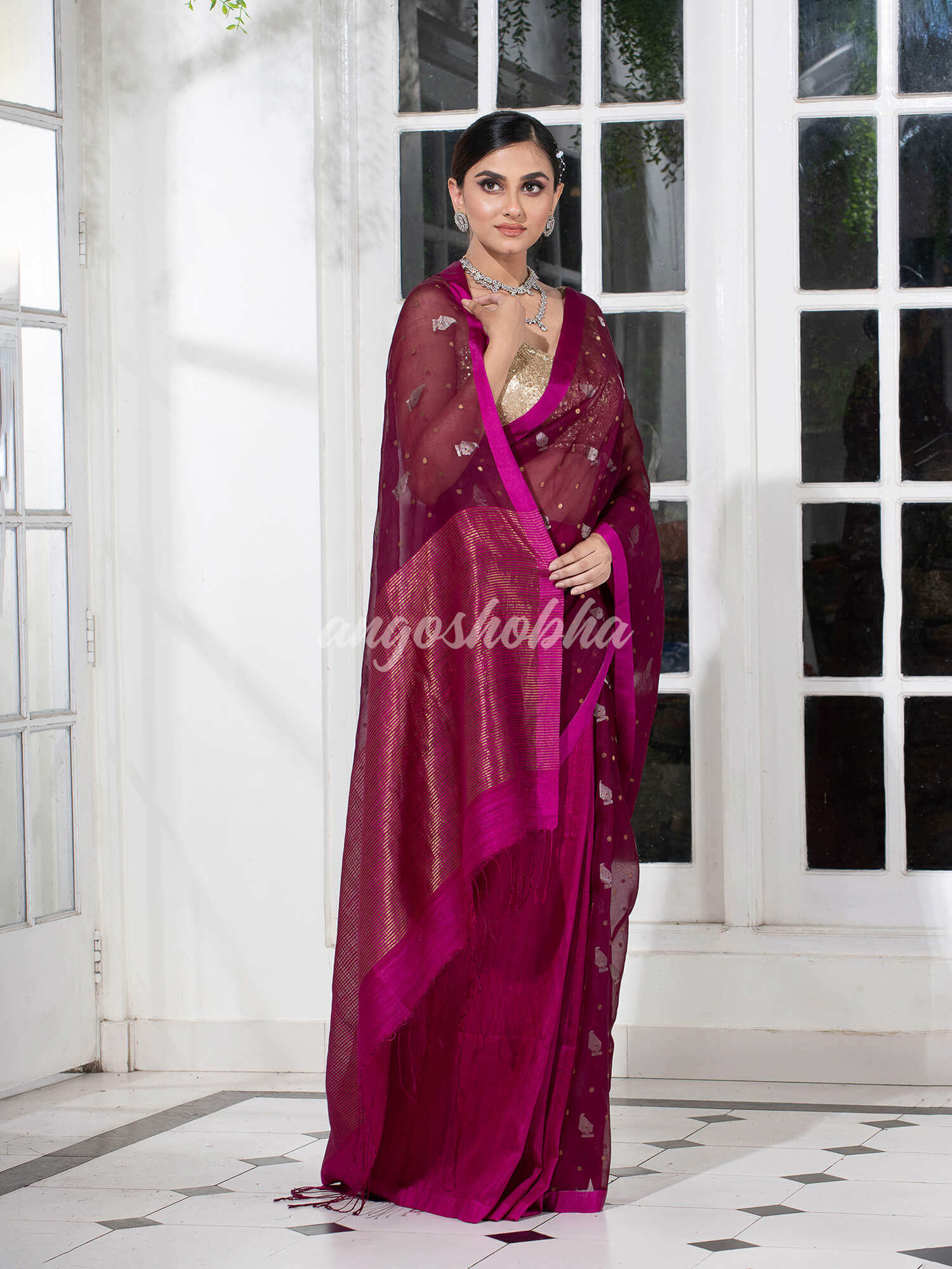 Amaranth Magenta Half Half Matka Silk Handwoven Saree