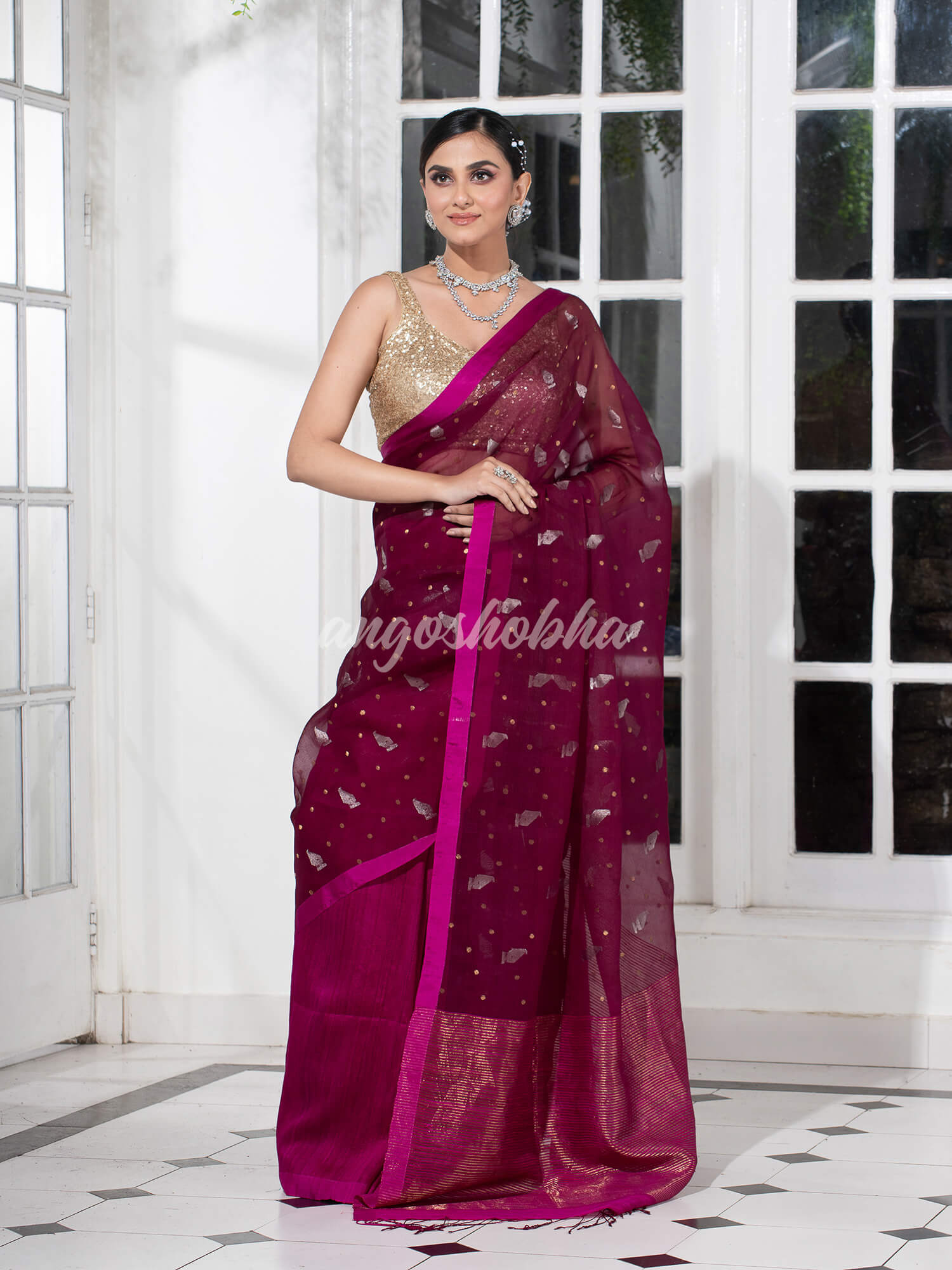 Amaranth Magenta Half Half Matka Silk Handwoven Saree