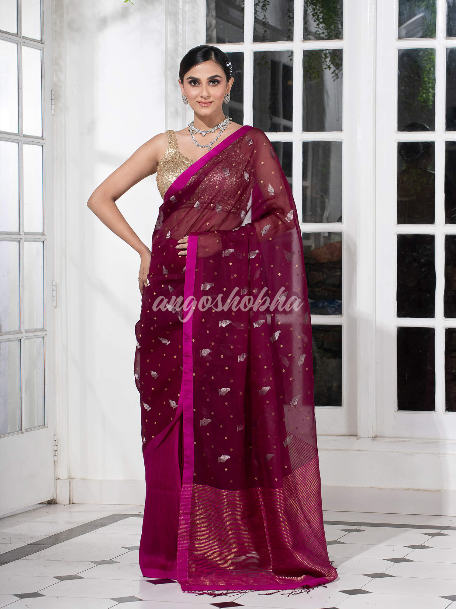 Amaranth Magenta Half Half Matka Silk Handwoven Saree