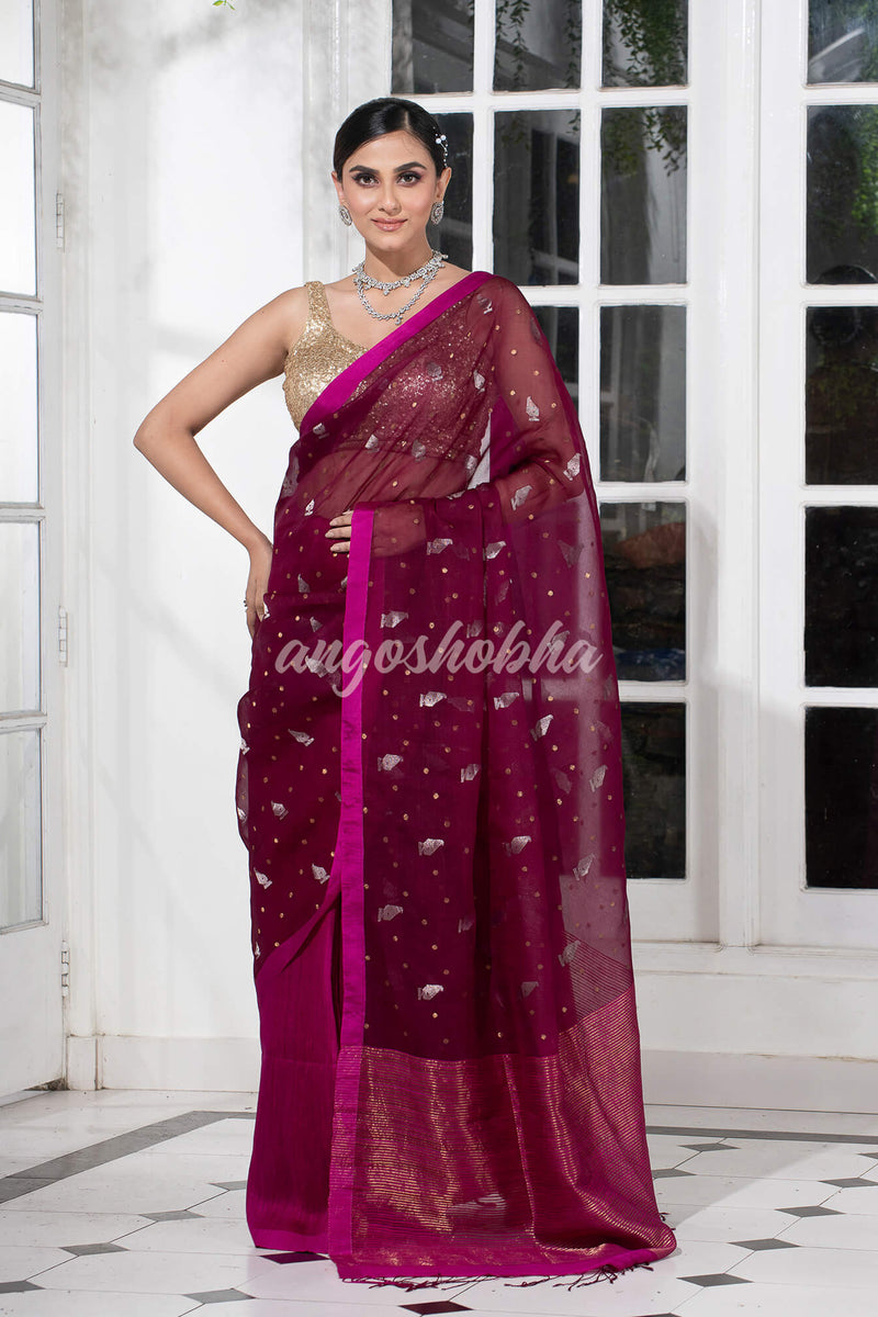 Amaranth Magenta Half Half Matka Silk Handwoven Saree