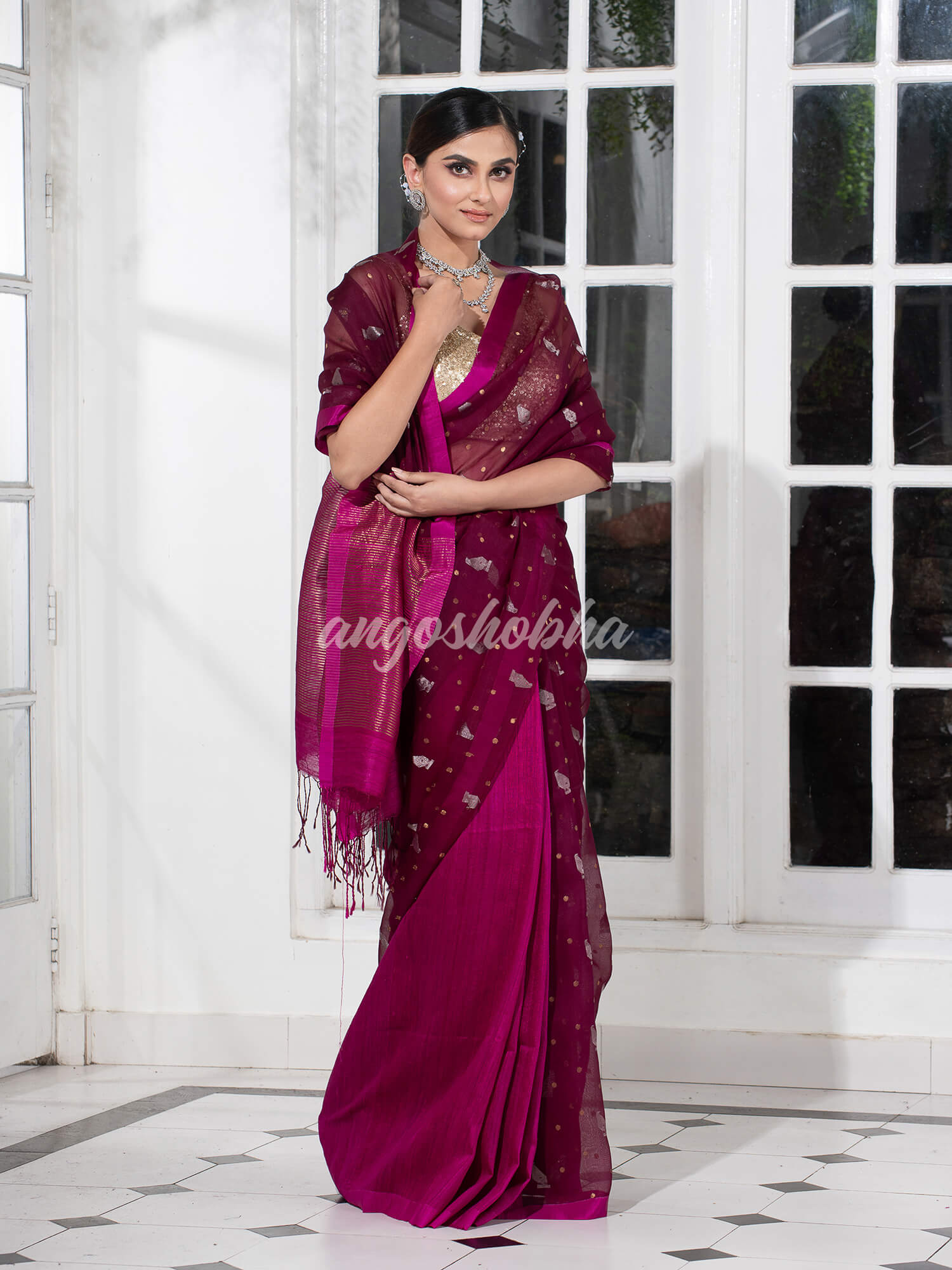 Amaranth Magenta Half Half Matka Silk Handwoven Saree