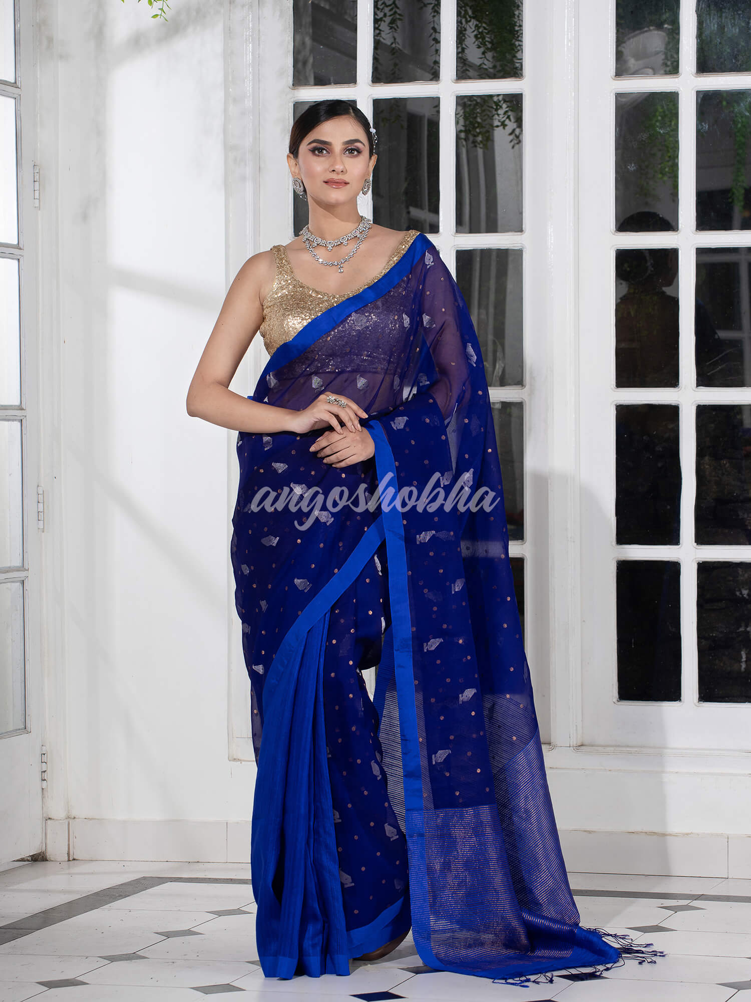 Blue Half Half Matka Silk Handwoven Saree