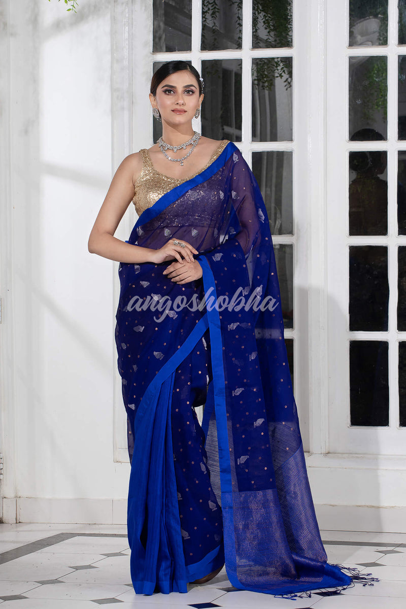 Blue Half Half Matka Silk Handwoven Saree