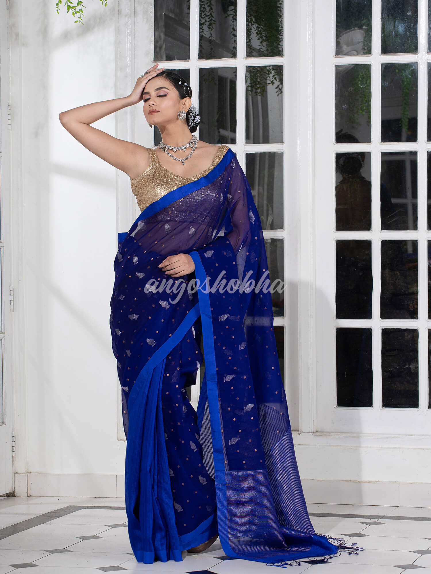Blue Half Half Matka Silk Handwoven Saree