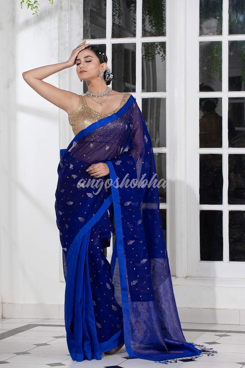 Blue Half Half Matka Silk Handwoven Saree