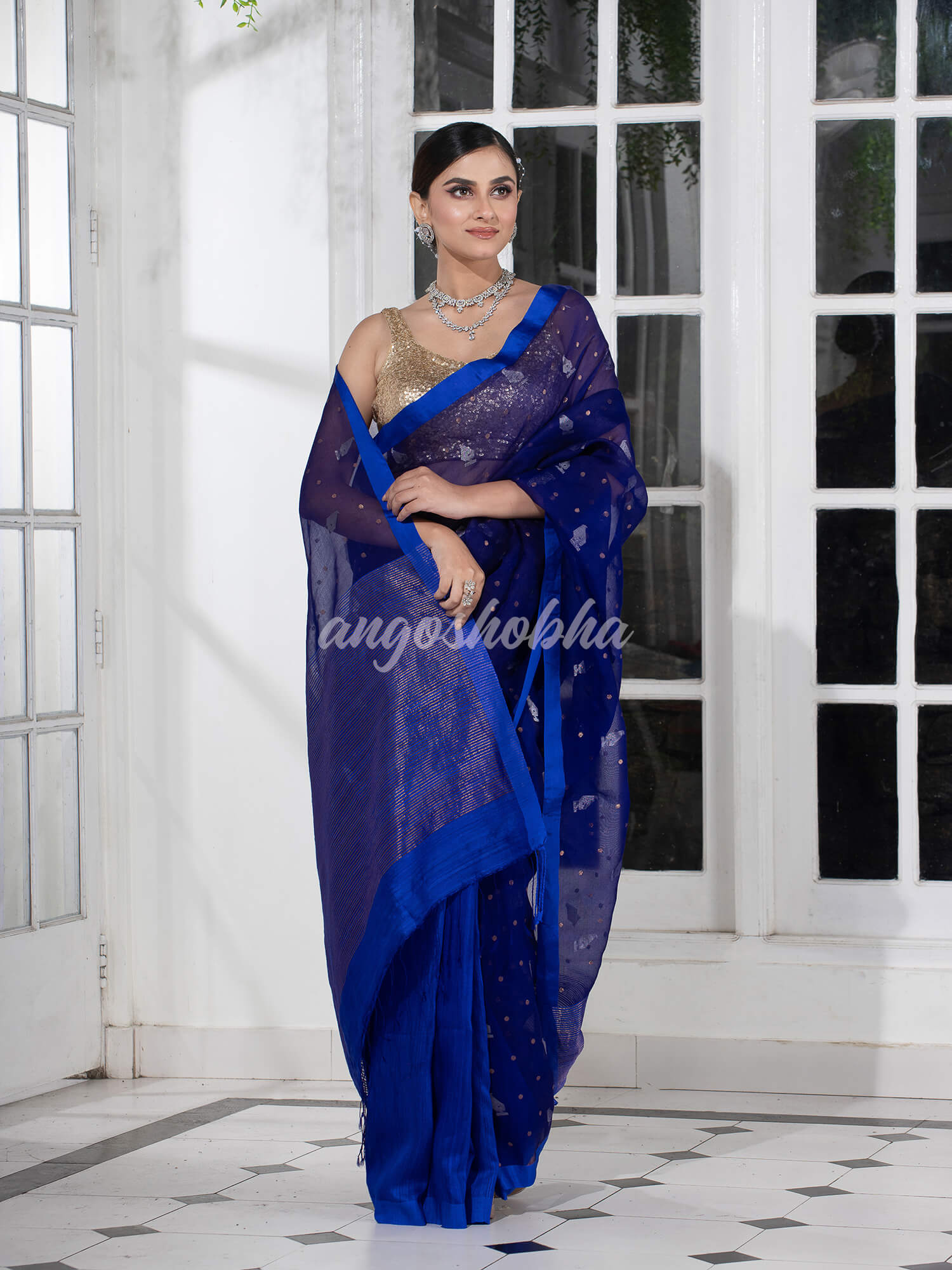 Blue Half Half Matka Silk Handwoven Saree