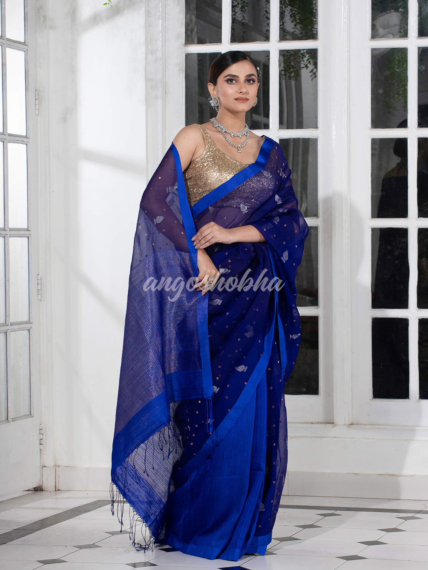 Blue Half Half Matka Silk Handwoven Saree