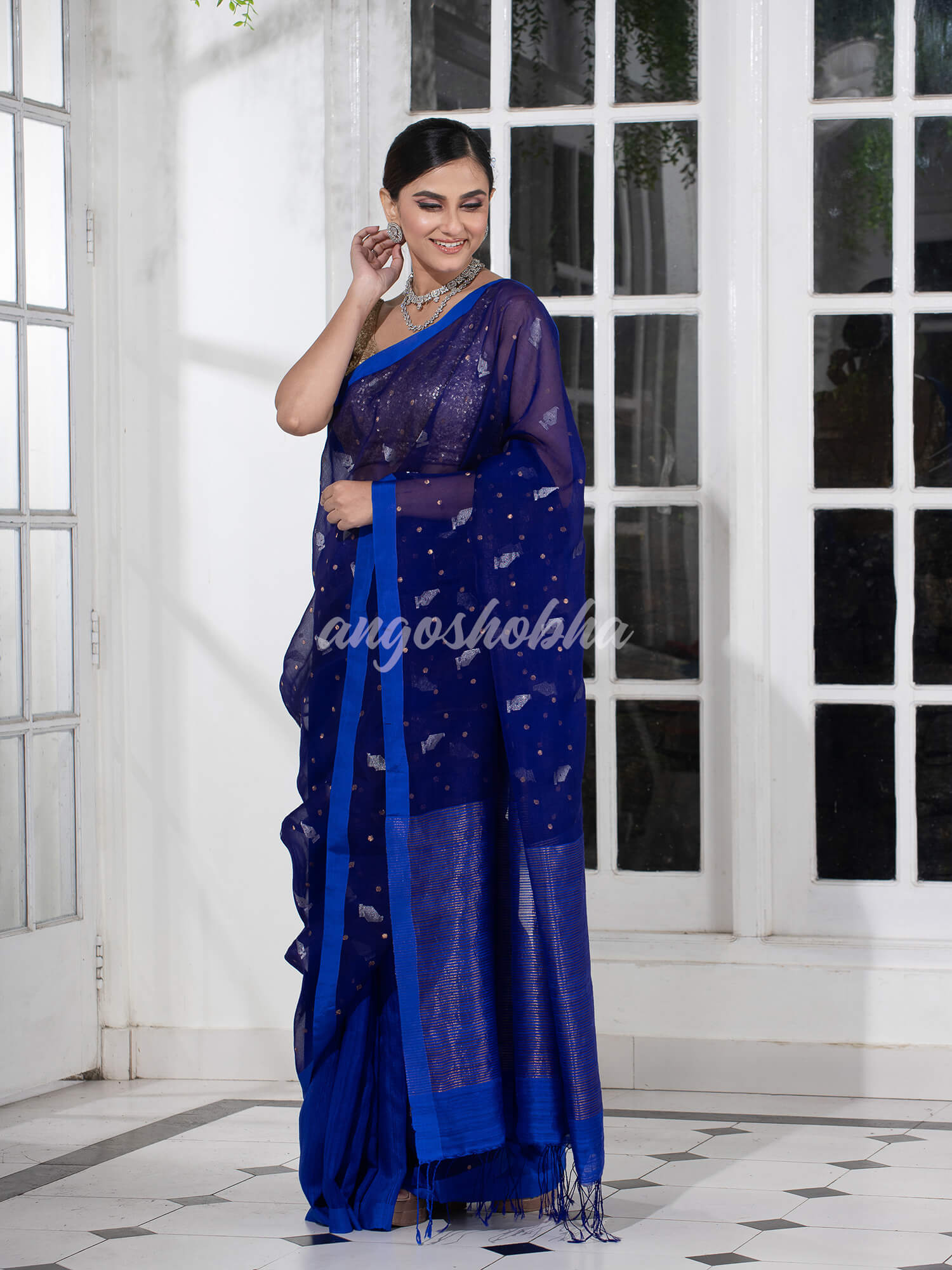 Blue Half Half Matka Silk Handwoven Saree