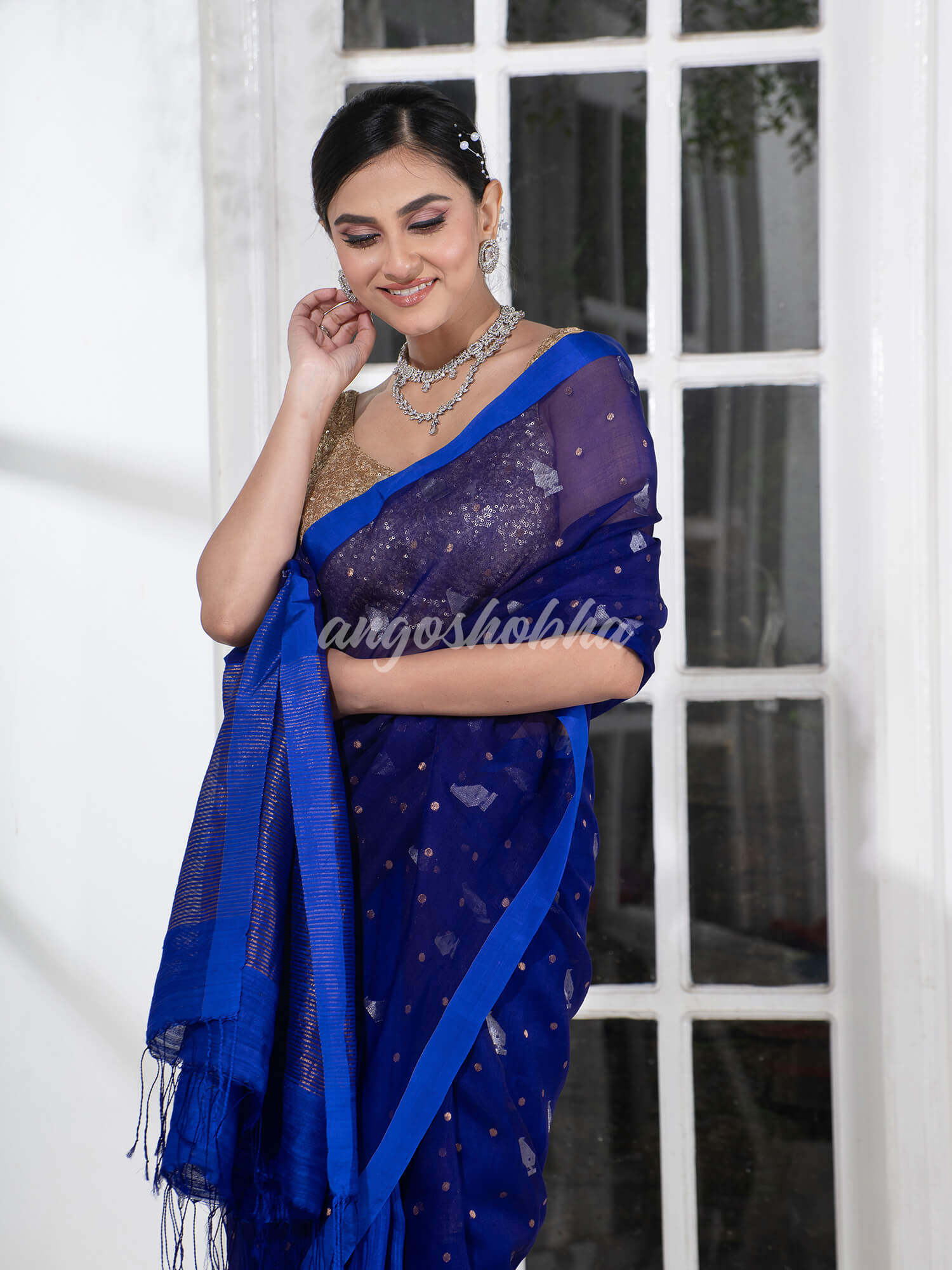 Blue Half Half Matka Silk Handwoven Saree