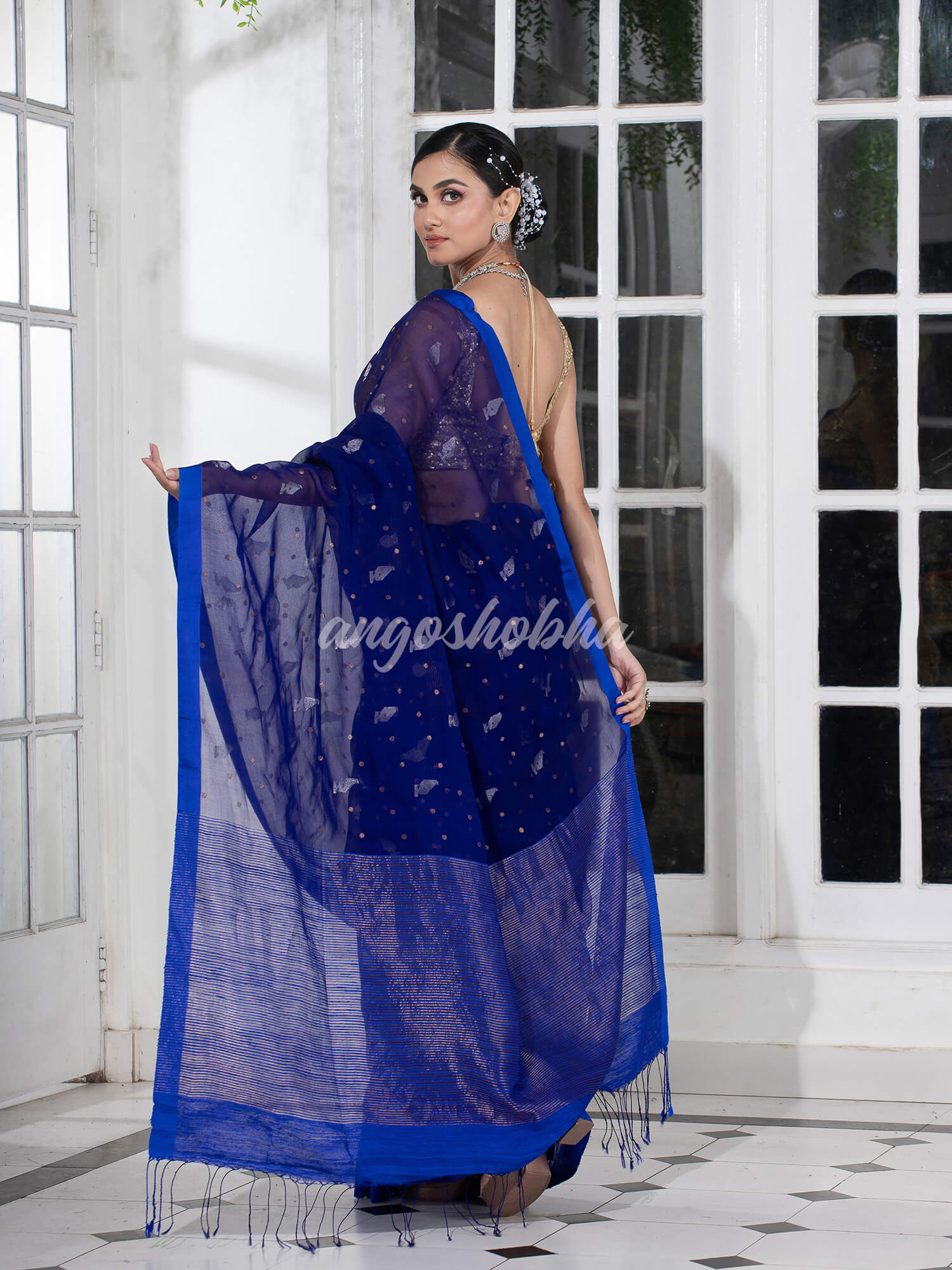 Blue Half Half Matka Silk Handwoven Saree