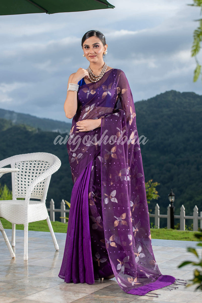 Traditional Purple Matka Silk Sequin Soft Jamdani Saree