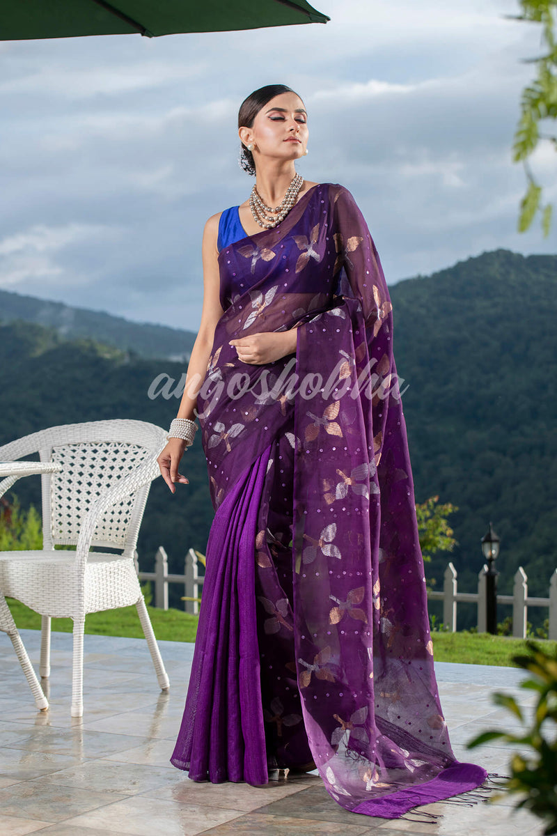 Traditional Purple Matka Silk Sequin Soft Jamdani Saree