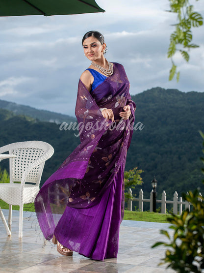 Traditional Purple Matka Silk Sequin Soft Jamdani Saree