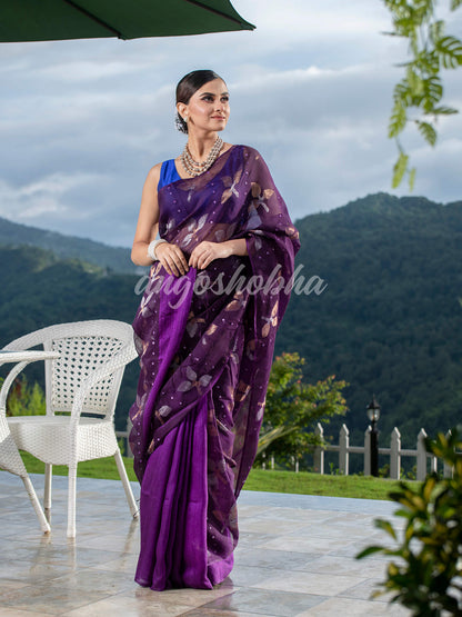 Traditional Purple Matka Silk Sequin Soft Jamdani Saree