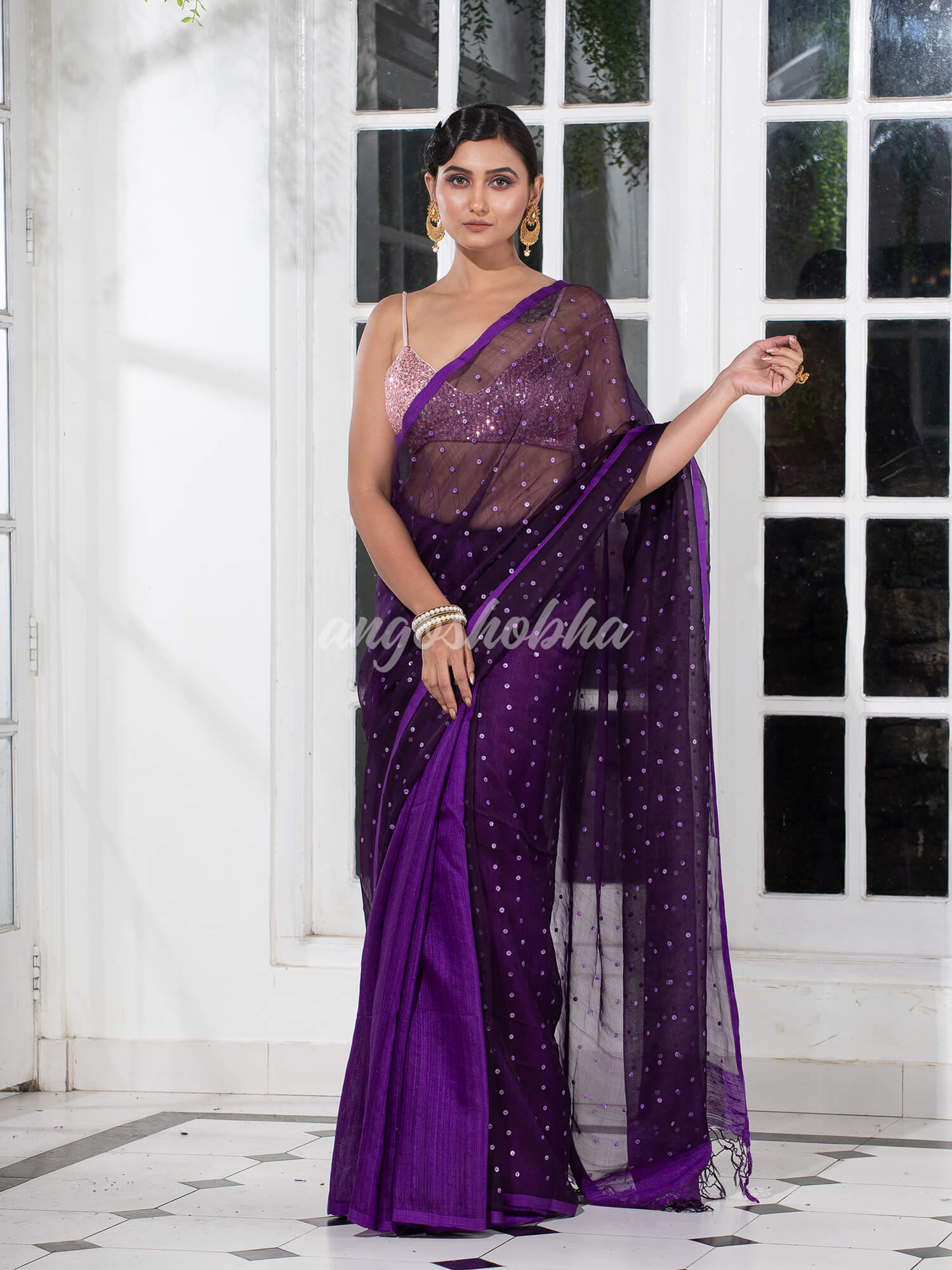 Purple Colour Half Half Silk Matka Sequins Handwoven Saree