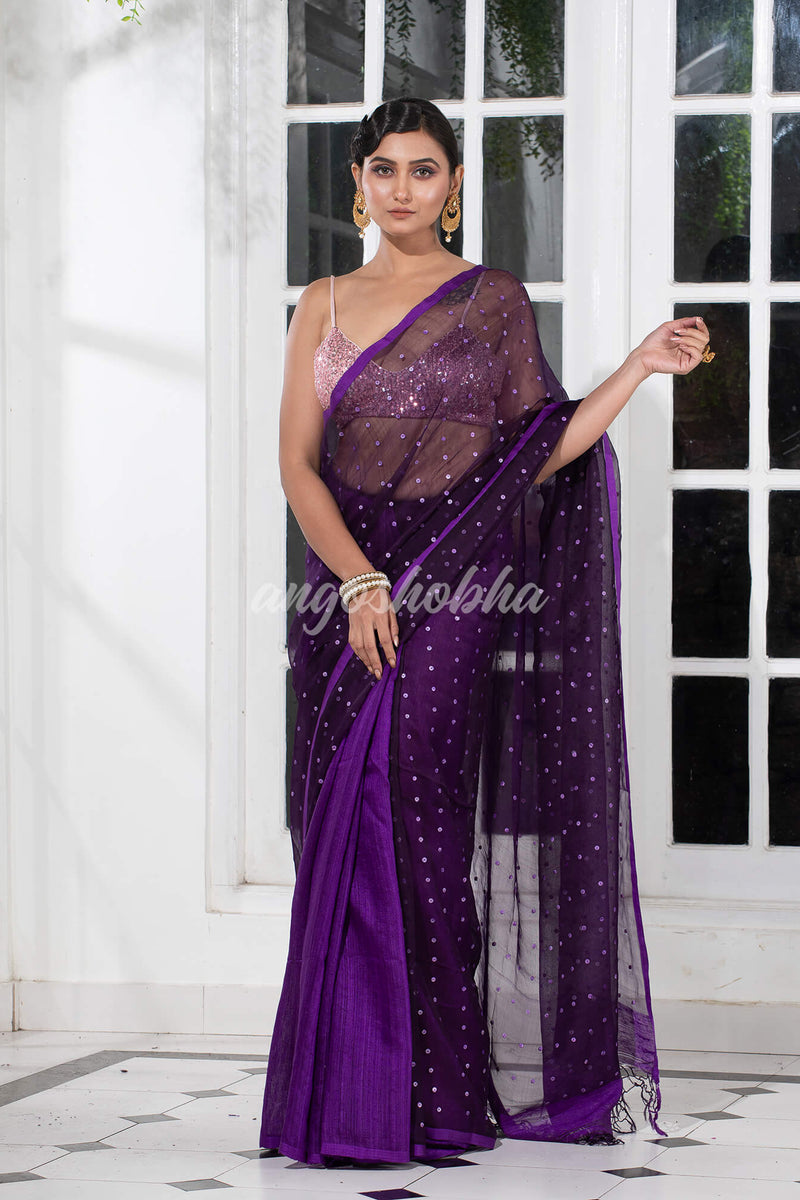 Purple Colour Half Half Silk Matka Sequins Handwoven Saree