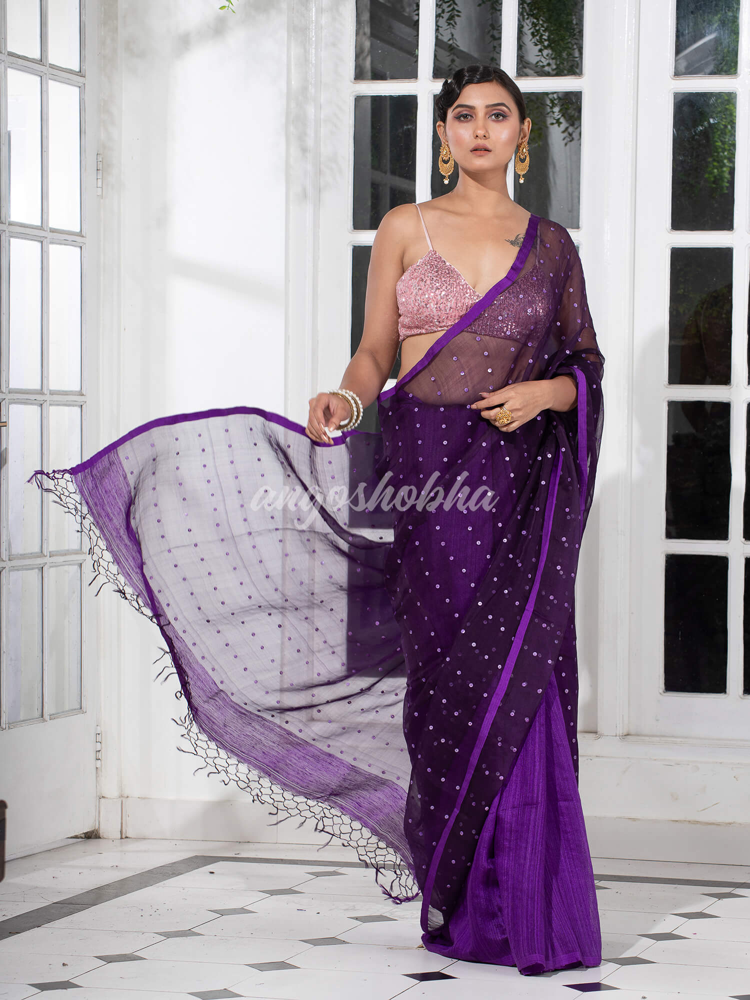 Purple Colour Half Half Silk Matka Sequins Handwoven Saree
