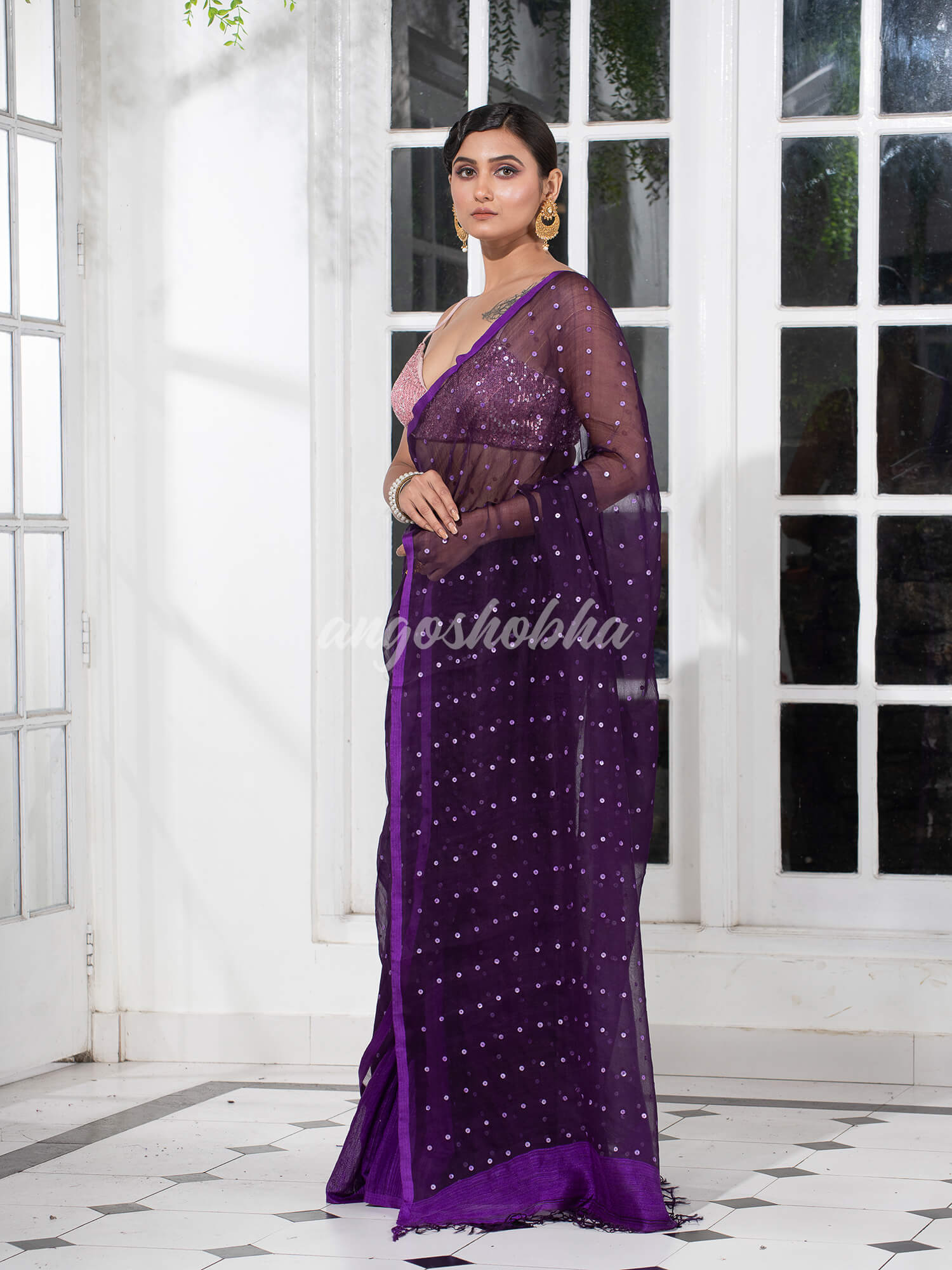 Purple Colour Half Half Silk Matka Sequins Handwoven Saree