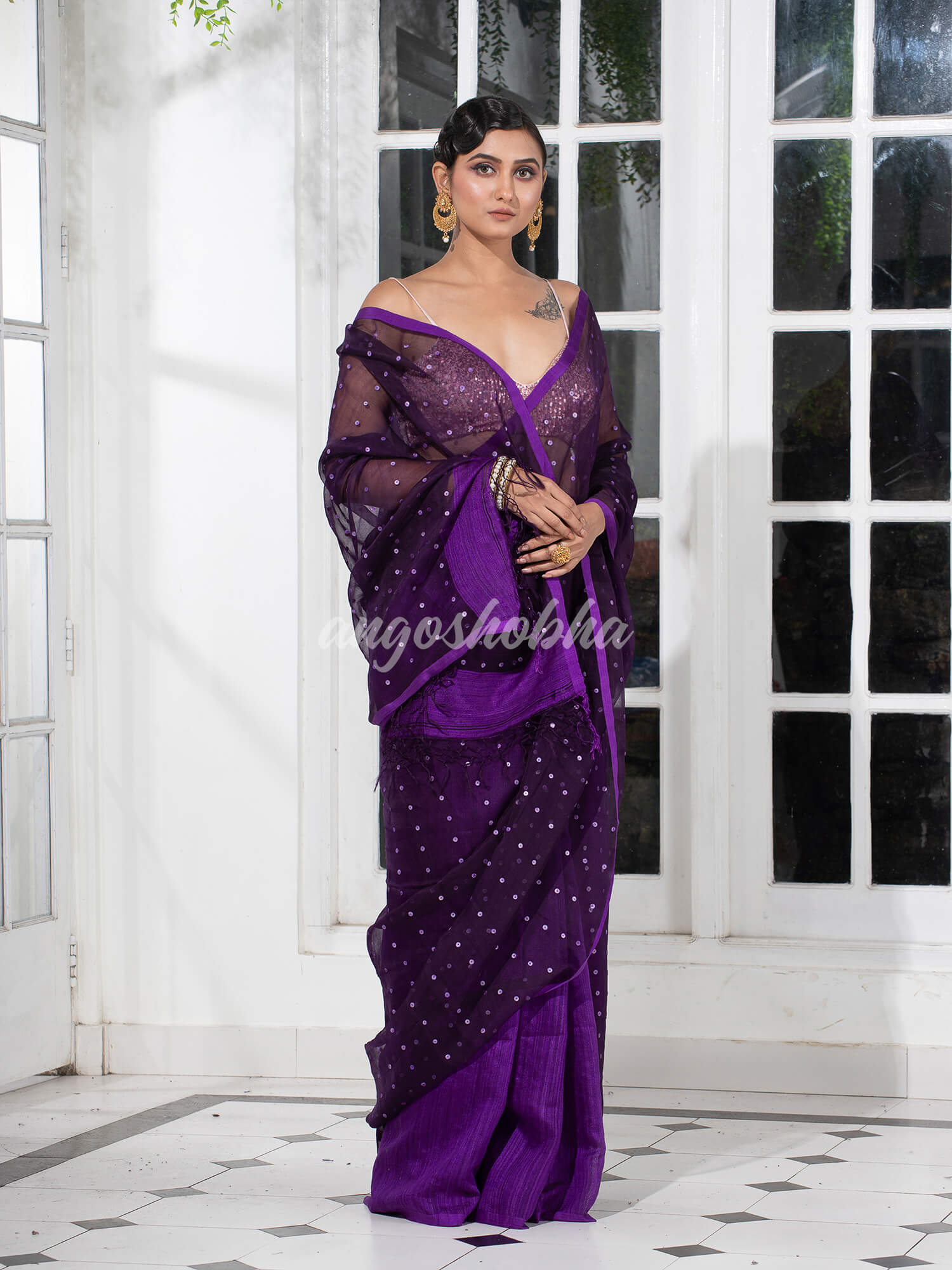 Purple Colour Half Half Silk Matka Sequins Handwoven Saree