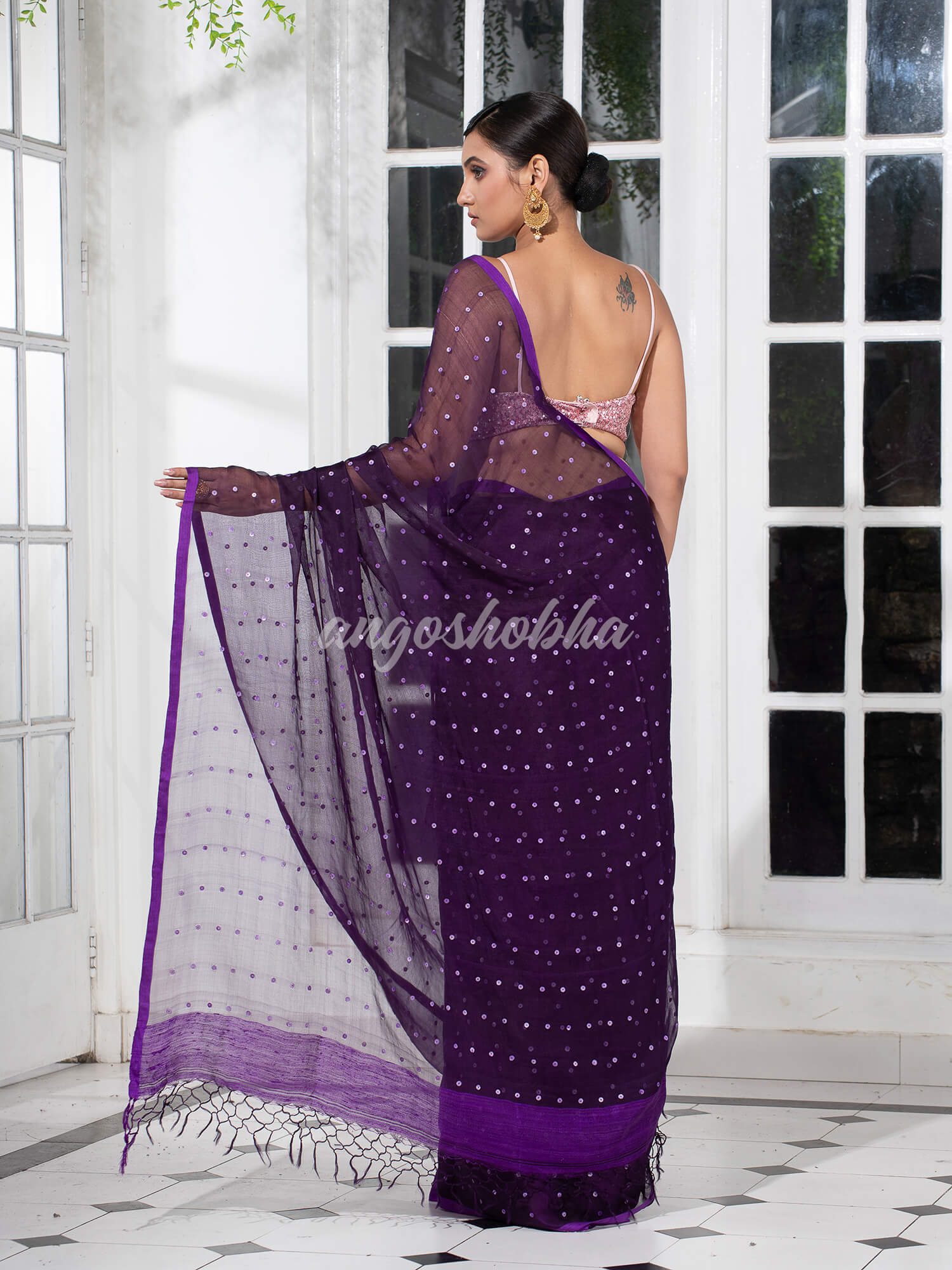 Purple Colour Half Half Silk Matka Sequins Handwoven Saree