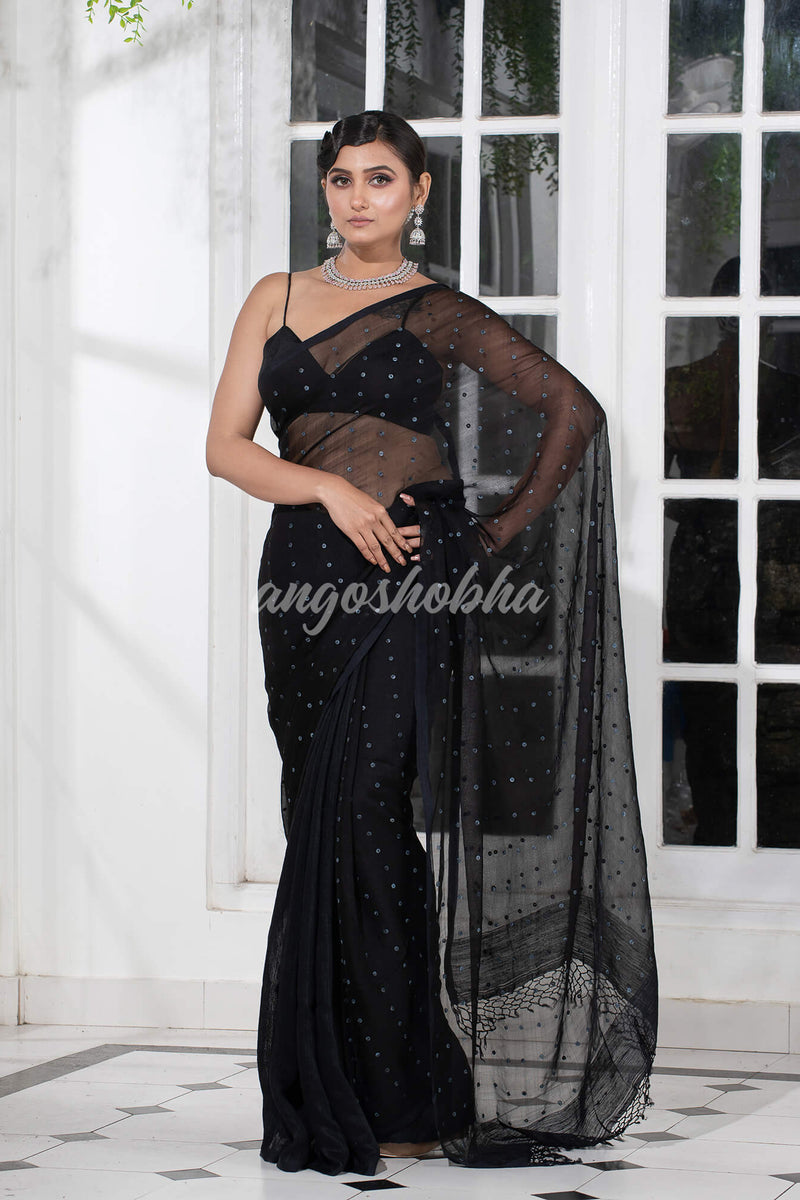 Black Colour Half Half Silk Matka Sequins Handwoven Saree
