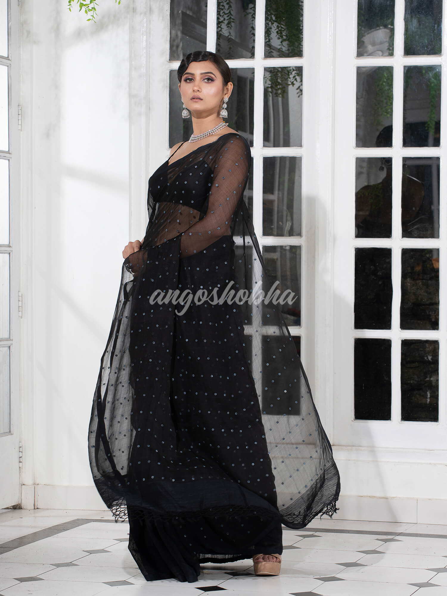 Black Colour Half Half Silk Matka Sequins Handwoven Saree