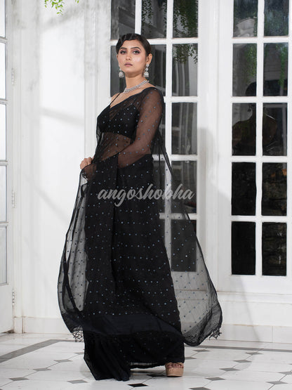 Black Colour Half Half Silk Matka Sequins Handwoven Saree