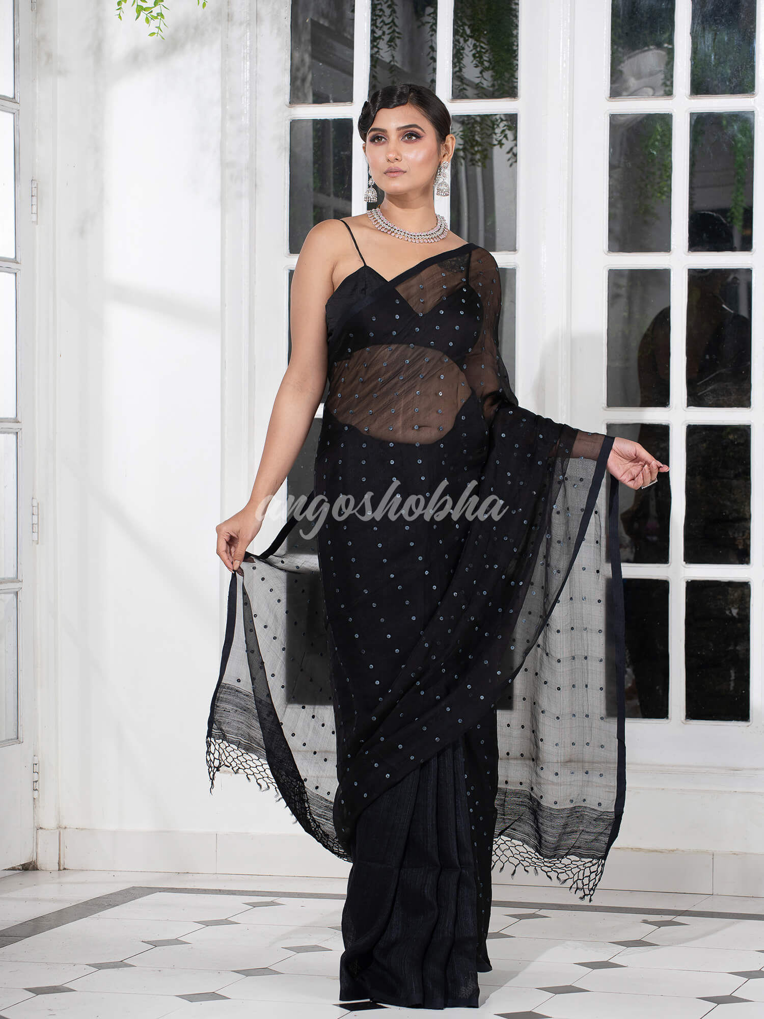 Black Colour Half Half Silk Matka Sequins Handwoven Saree