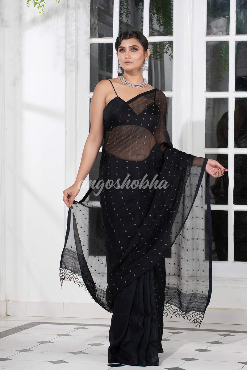 Black Colour Half Half Silk Matka Sequins Handwoven Saree