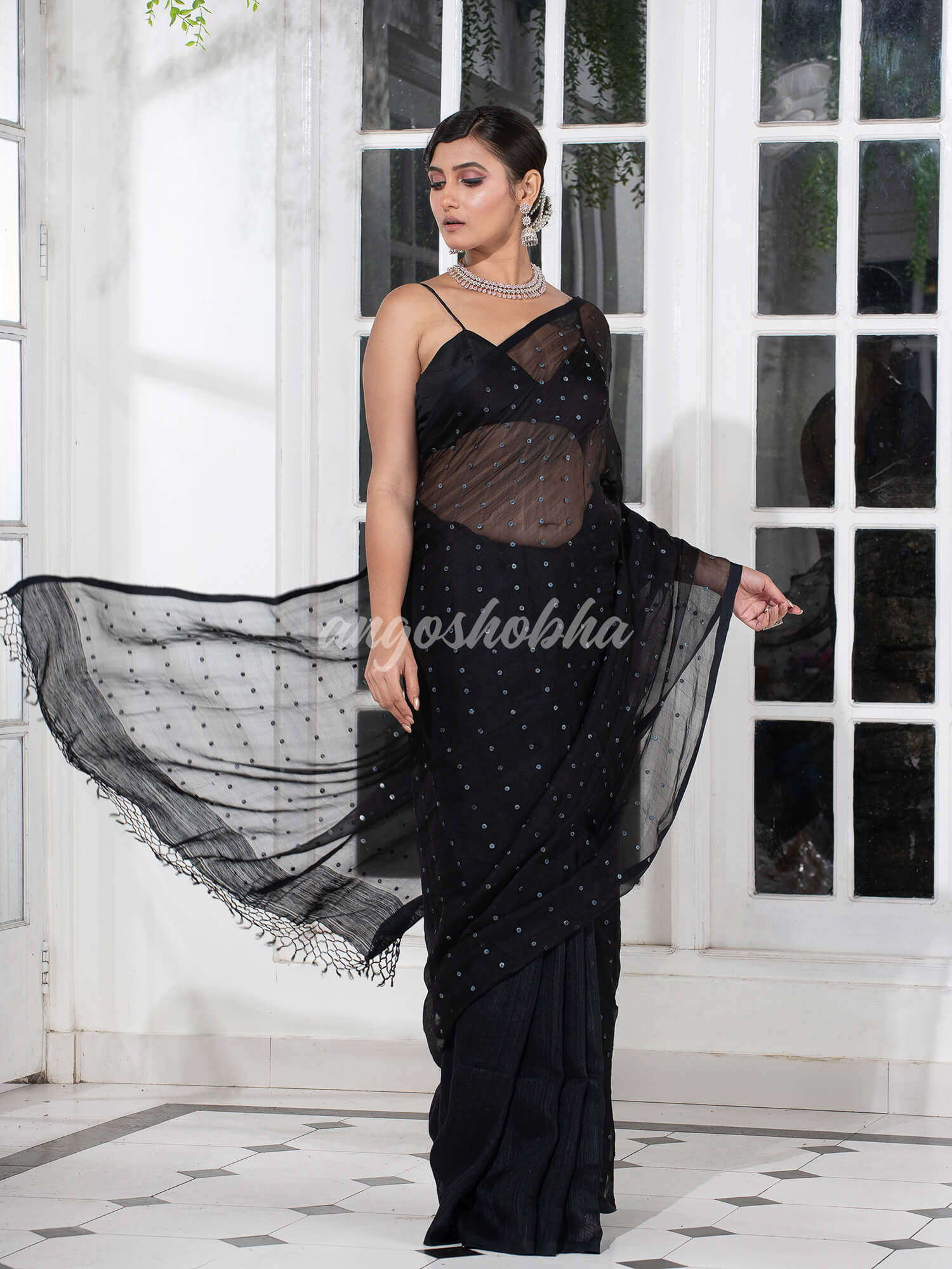 Black Colour Half Half Silk Matka Sequins Handwoven Saree