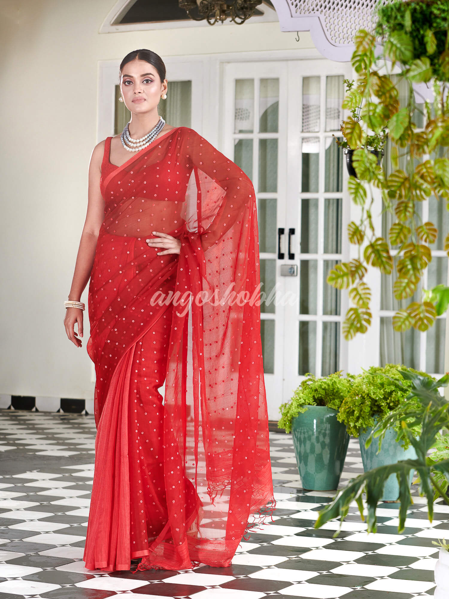 Red Colour Half Half Silk Matka Sequins Handwoven Saree