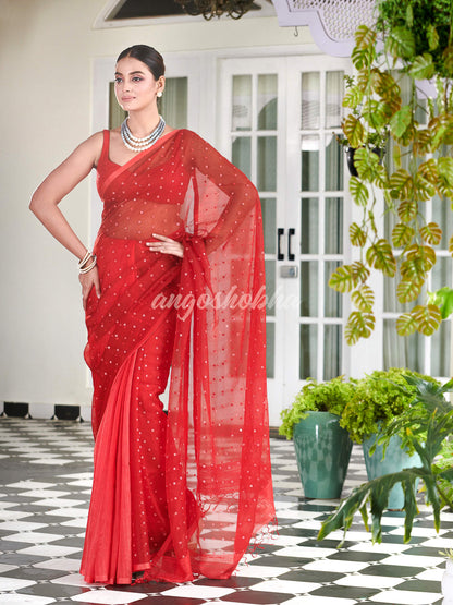 Red Colour Half Half Silk Matka Sequins Handwoven Saree