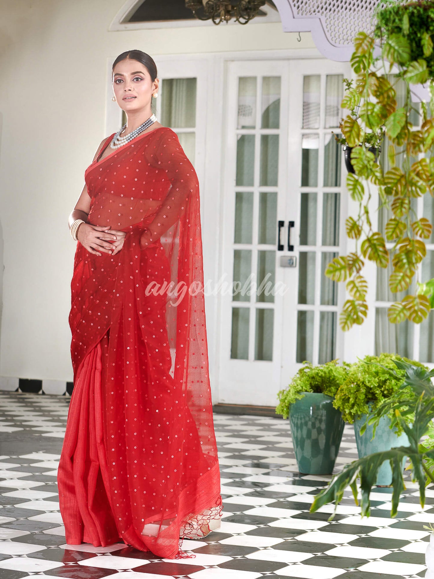 Red Colour Half Half Silk Matka Sequins Handwoven Saree