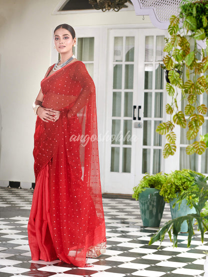 Red Colour Half Half Silk Matka Sequins Handwoven Saree