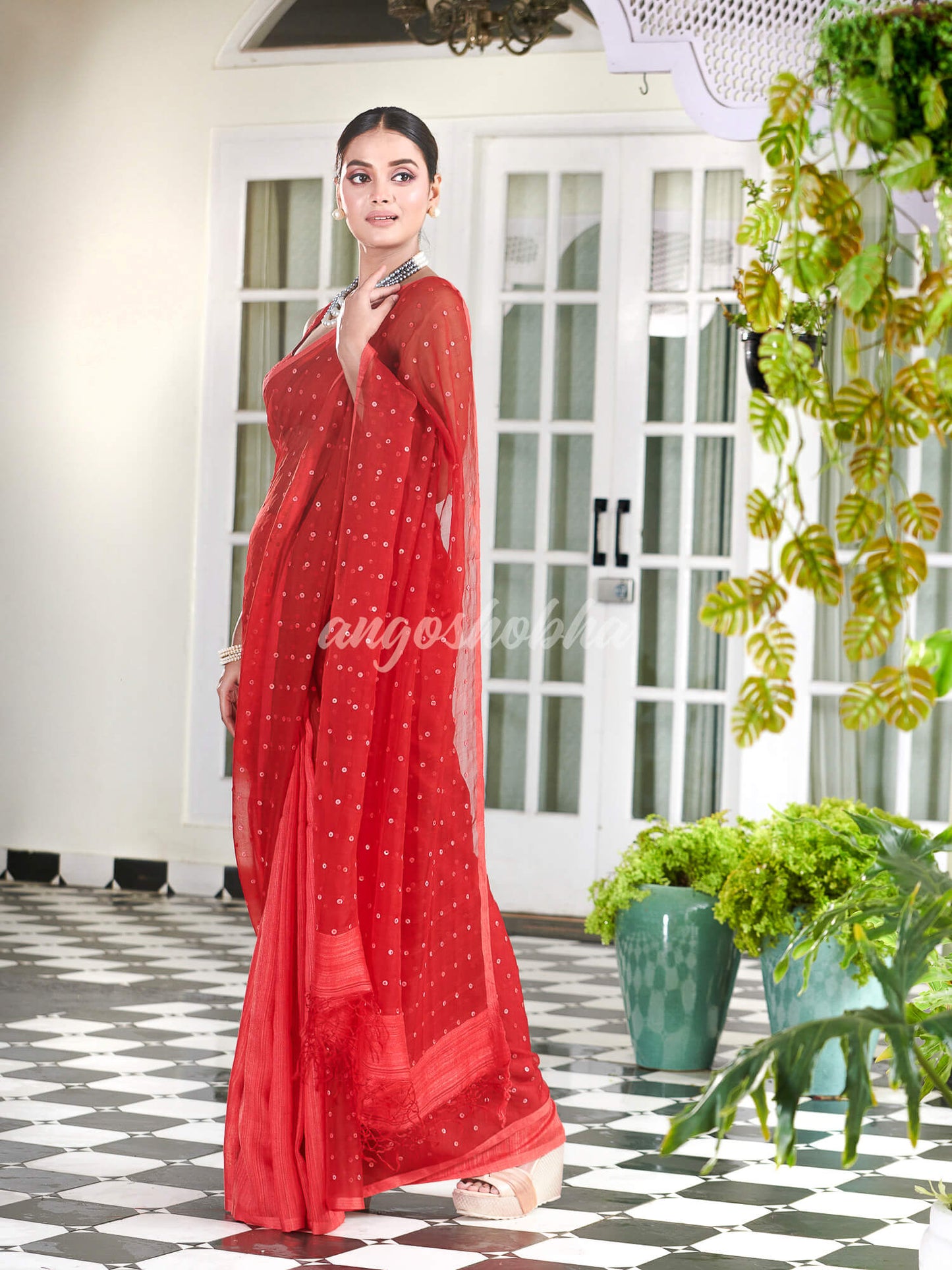 Red Colour Half Half Silk Matka Sequins Handwoven Saree