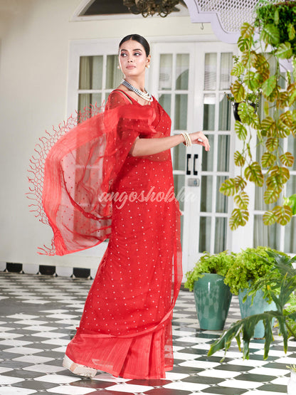 Red Colour Half Half Silk Matka Sequins Handwoven Saree