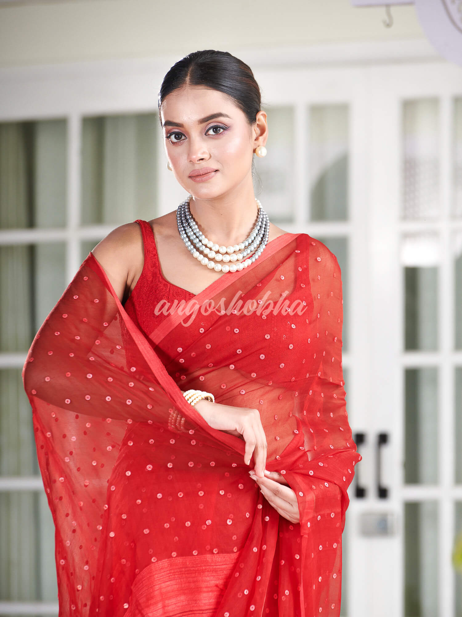 Red Colour Half Half Silk Matka Sequins Handwoven Saree